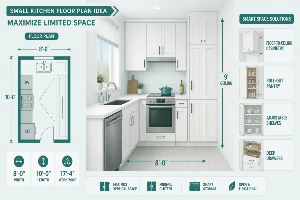 Compact residential kitchen with floor-to-ceiling white cabinetry, organized vertical storage, and minimal counter clutter showing smart space use in a tight apartment kitchen