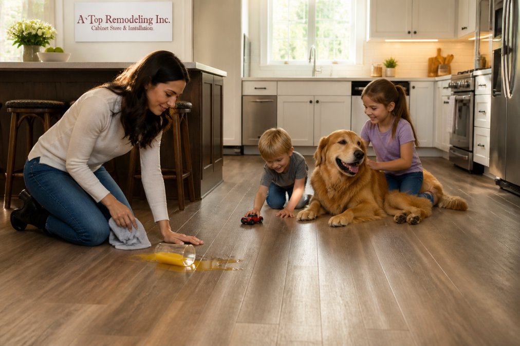 A busy family kitchen with a golden retriever and two young children playing on wood-look luxury vinyl plank flooring while a parent wipes up a spilled glass of juice with a cloth, warm afternoon light through the window