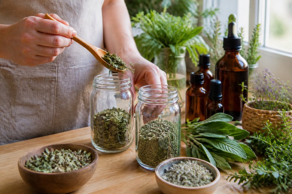 Hands carefully measuring dried oregano and sage leaves into clear glass jars on a wooden kitchen counter, with fresh herb bundles and amber tincture bottles visible in soft natural light from a window