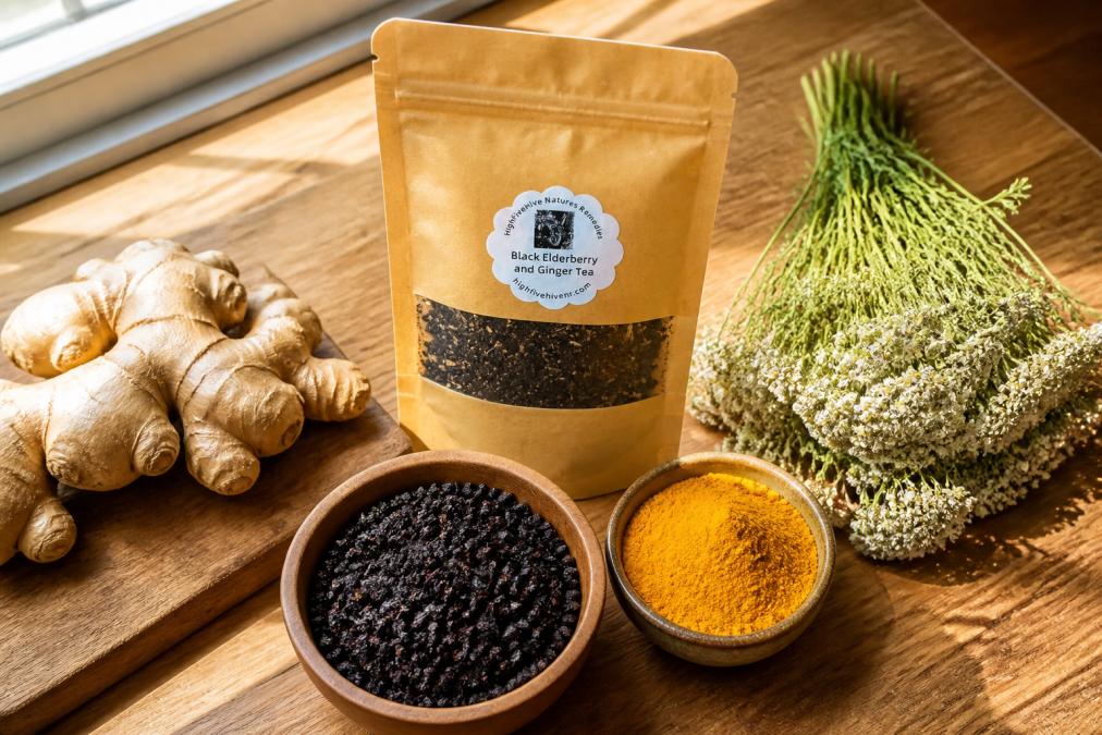 Overhead view of fresh ginger root, dried elderberries, turmeric powder, and yarrow sprigs arranged on a wooden kitchen counter with morning sunlight filtering through a window