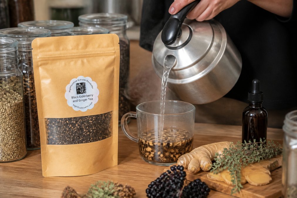 Hands pouring hot water from a kettle into a glass cup with dried herbs, steam rising, with fresh herbs and a jar of tincture visible nearby on the wooden counter in natural kitchen lighting