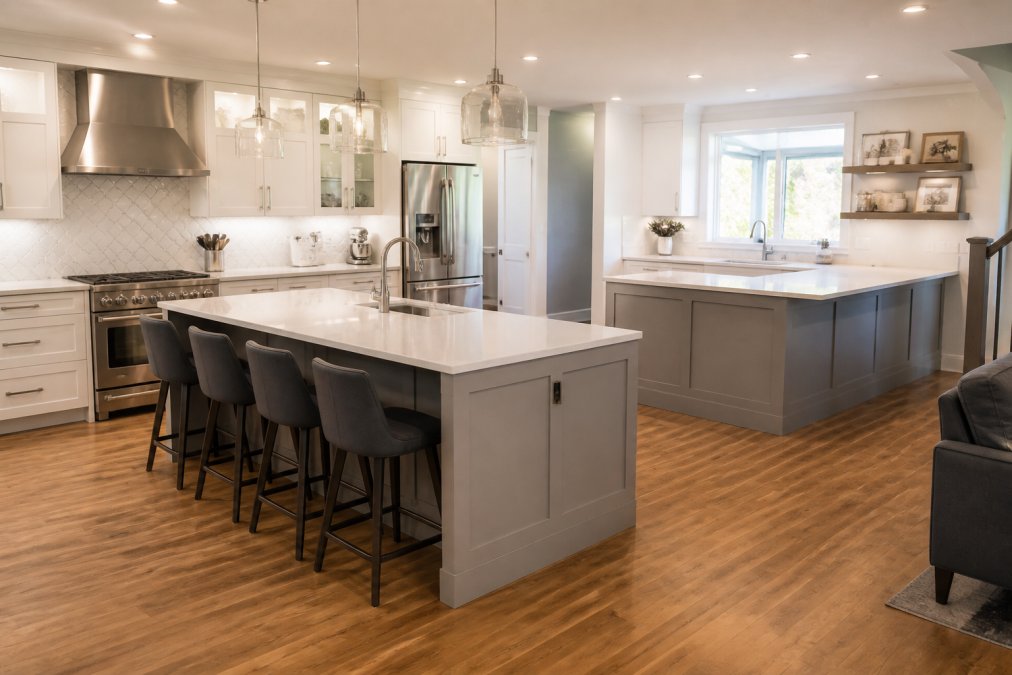 Infographic comparing kitchen island vs peninsula features, layout flow, and spatial requirements in a modern home.