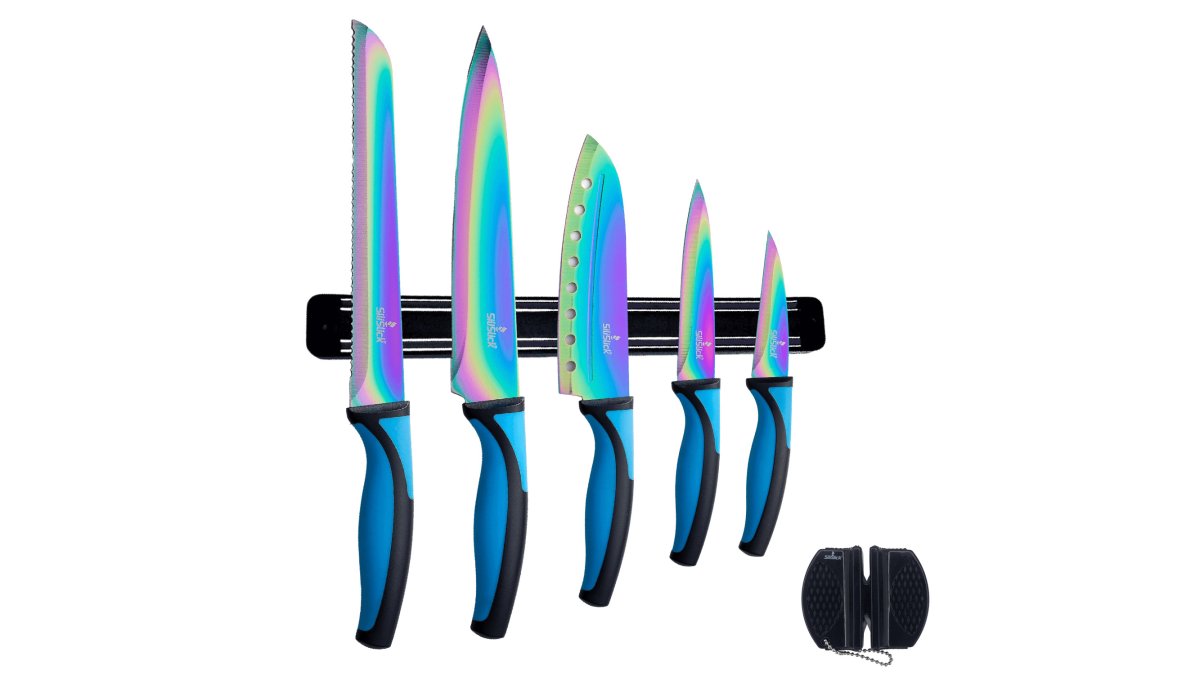 Kitchen Knife Set Kit | Blue Handle, Black Magnetic Rack & Sharpener