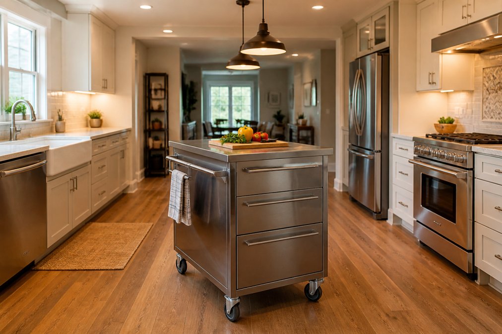 A modern kitchen with a portable stainless steel island on wheels positioned in the center of the space, showing clear traffic flow around it with open prep surfaces on either side and warm pendant lighting