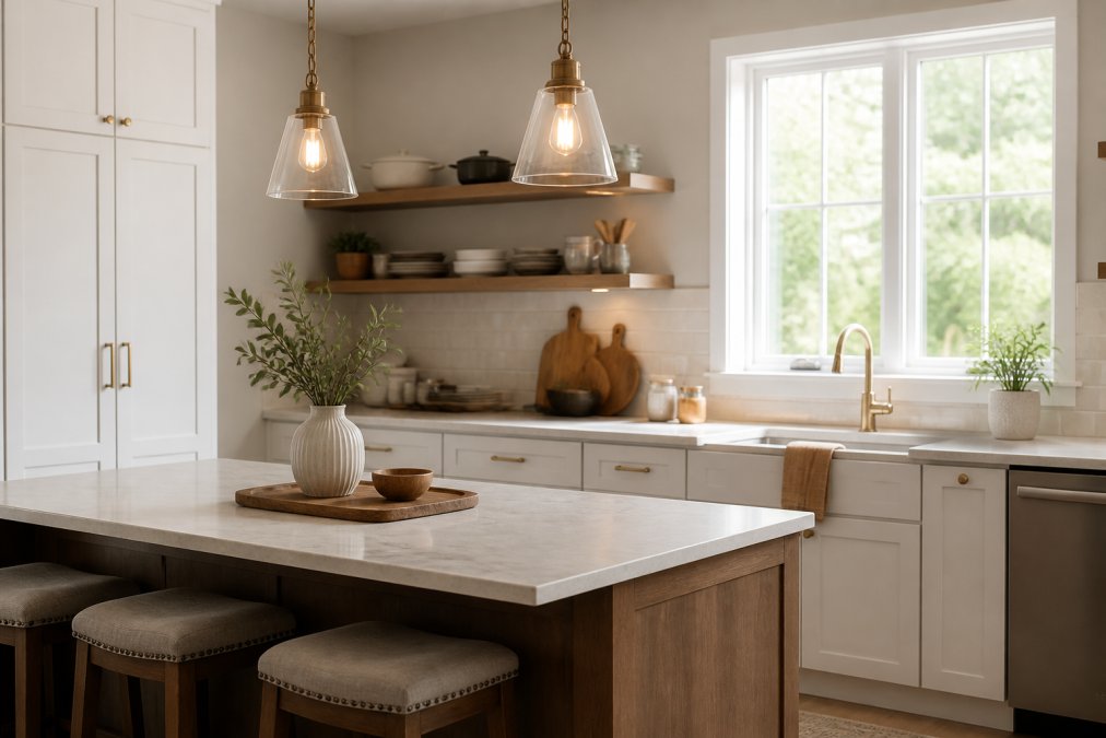 A bright kitchen with warm pendant lighting hanging above the counter, light neutral wall colors, and open shelving displaying organized cookware and dishware with natural window light streaming in