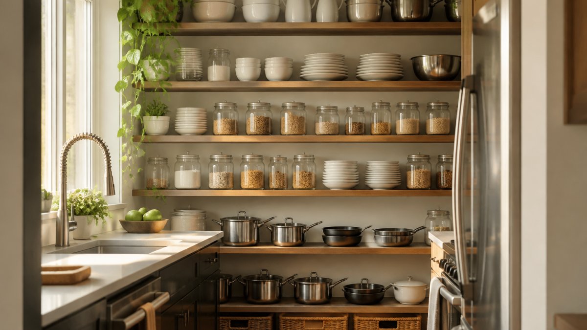 Compact kitchen featuring floor-to-ceiling open shelving with neatly organised white dishes, glass jars with dry goods, and stainless steel cookware, natural light streaming through window, minimalist aesthetic with efficient vertical storage