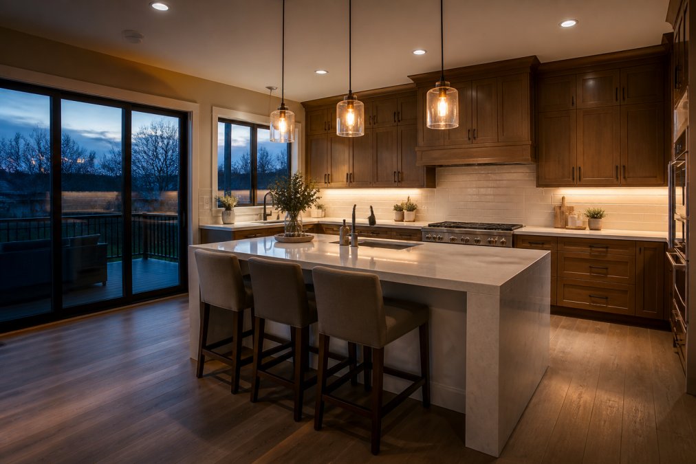 Warm pendant lights and under-cabinet strips highlight kitchen lighting design in a renovated home at dusk.