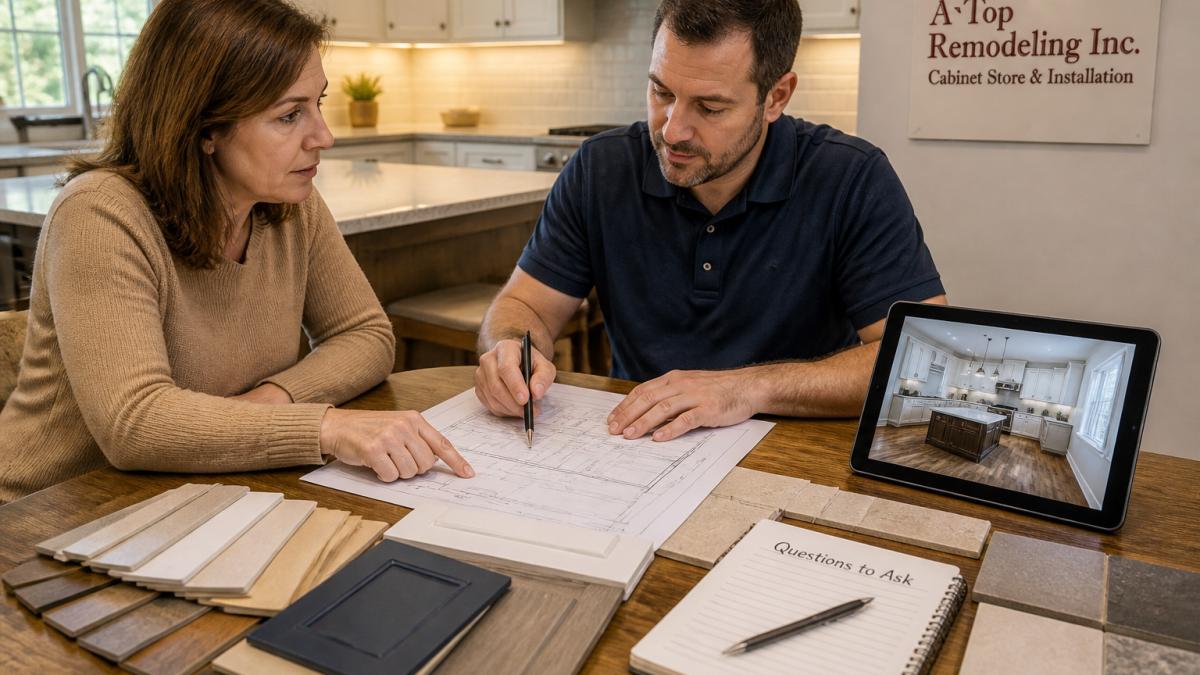 A homeowner and a remodeling contractor reviewing kitchen blueprints and material samples together at a kitchen table, with a tablet showing a 3D design and a notebook of questions nearby