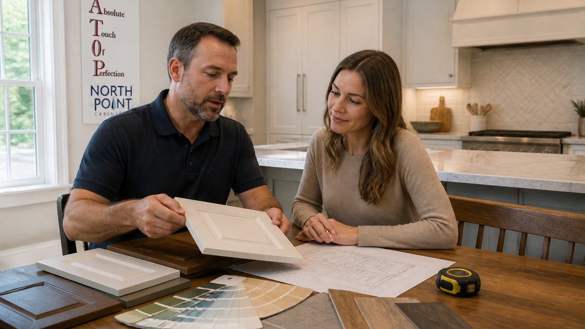 A remodeling contractor and homeowner reviewing cabinet samples and design plans at a kitchen table in a bright home, with color swatches and a tape measure visible