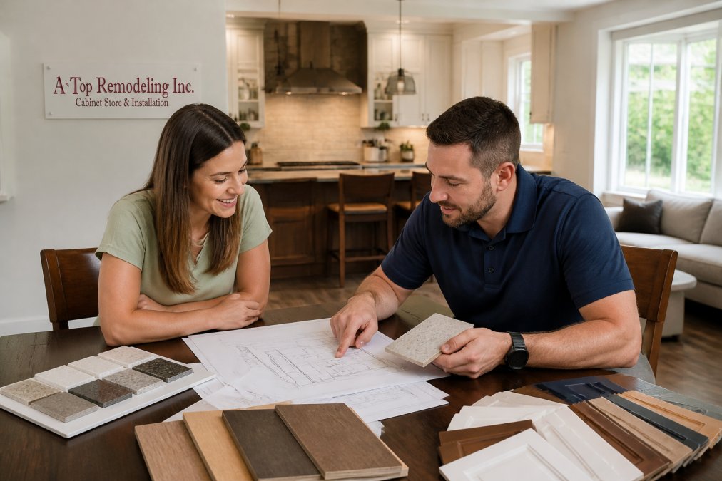 A homeowner and a remodeling contractor reviewing kitchen design plans and material samples at a dining table in a bright suburban home