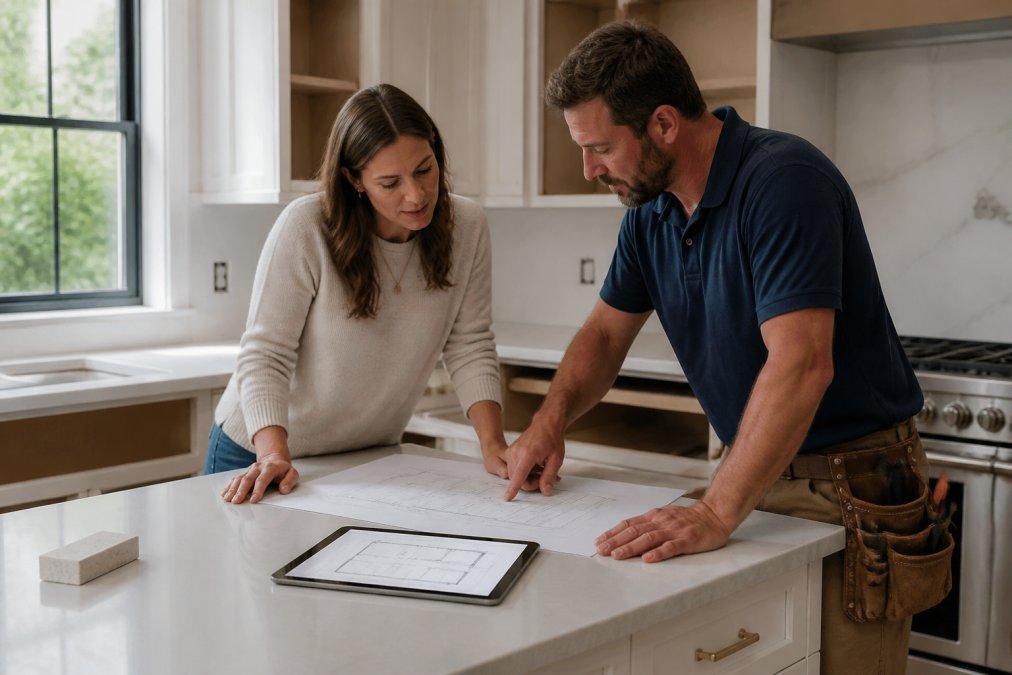 A homeowner and a contractor reviewing kitchen remodel blueprints together at a kitchen island, tablet showing digital plans on the counter, natural daylight from a window