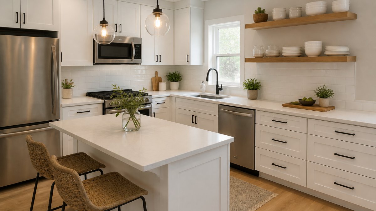 Bright, compact kitchen with white shaker cabinets, open shelving displaying white dishes, quartz countertop with minimal clutter, pendant lights over a small island, and light gray walls creating a spacious feel