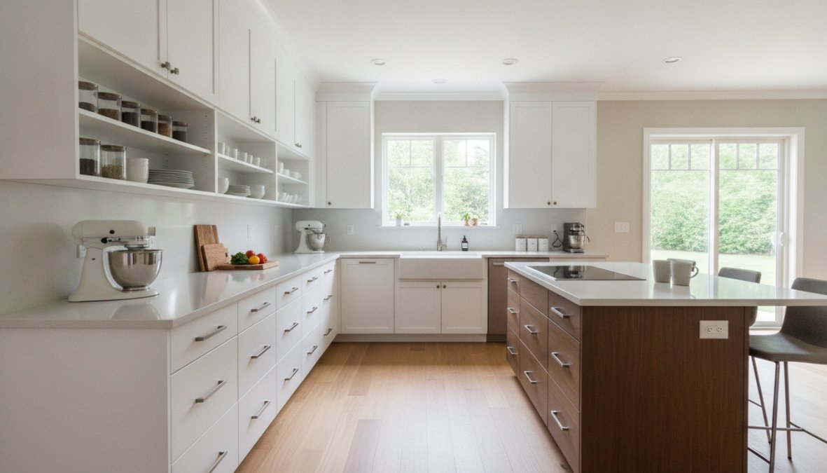 Modern kitchen with organized base and wall cabinets, soft-close hardware, and clean countertop space with natural light