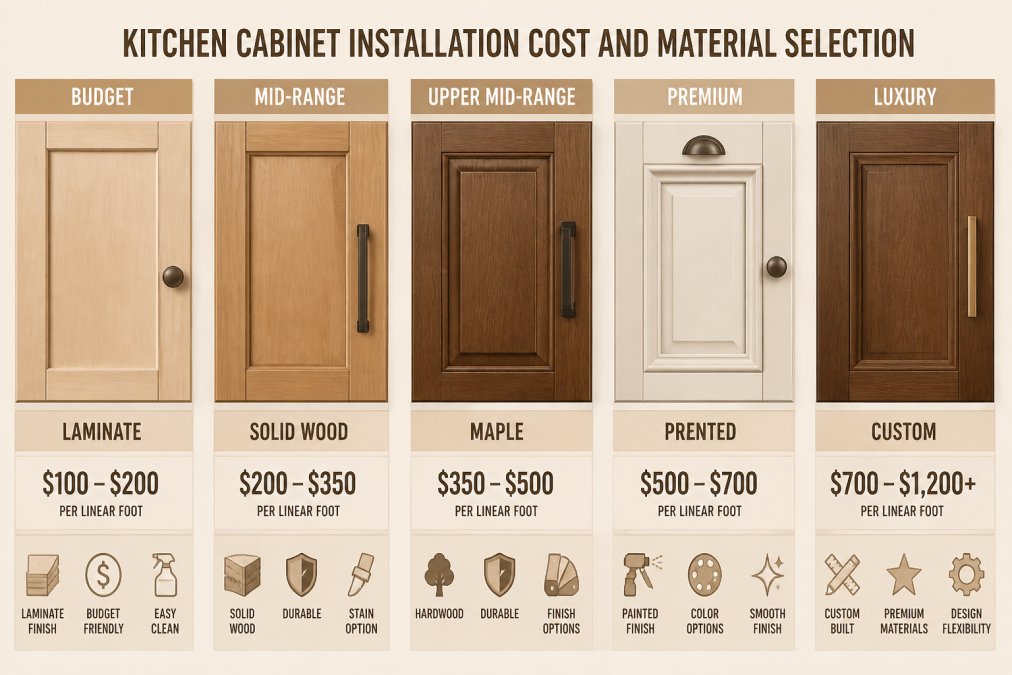 Close-up of kitchen cabinet doors showing different wood tones, finishes, and hardware styles arranged side by side in natural light