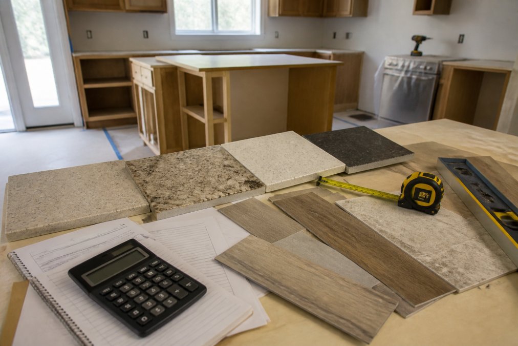 Modern kitchen mid-renovation displaying exposed cabinetry framework, multiple countertop material samples including quartz and granite slabs, vinyl and tile flooring samples arranged on subfloor, with contractor measuring tape and level visible on work surface
