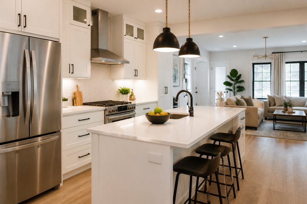 Bright open-concept kitchen with an island, pendant lighting, and a functional work triangle for a kitchen remodel.