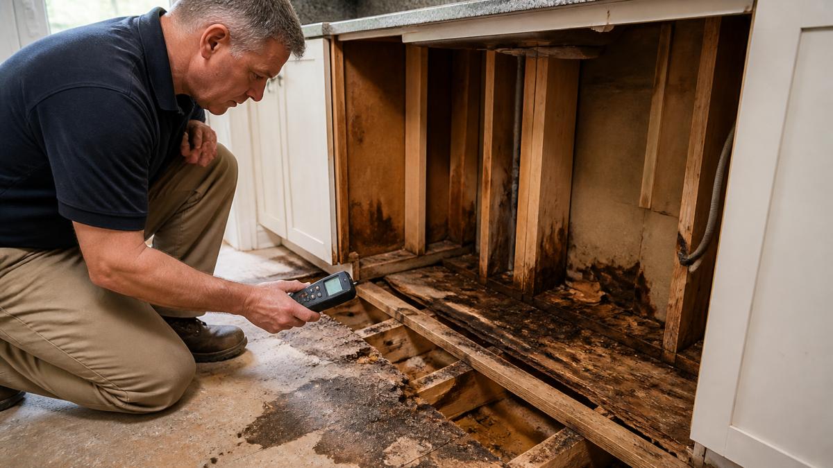 Professional contractor examining exposed subfloor with visible water staining and rotted wood framing during kitchen demolition, using a moisture meter in bright daylight