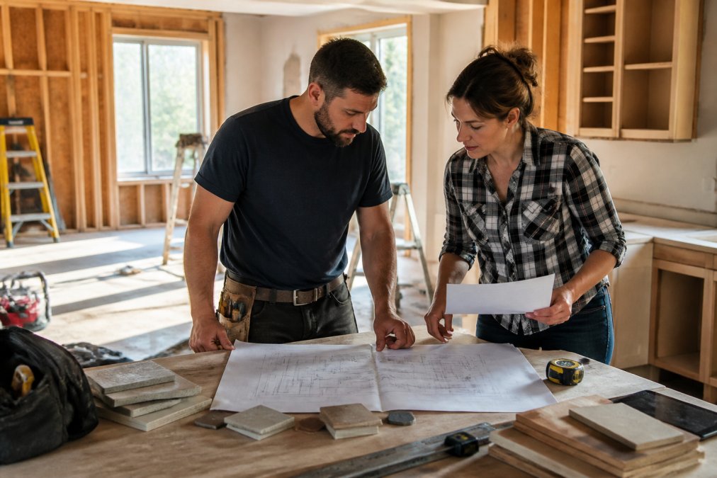 A general contractor and homeowner reviewing blueprints and a printed schedule at a kitchen island in a home under construction, tools and tile samples on the counter, afternoon light through uncurtained windows
