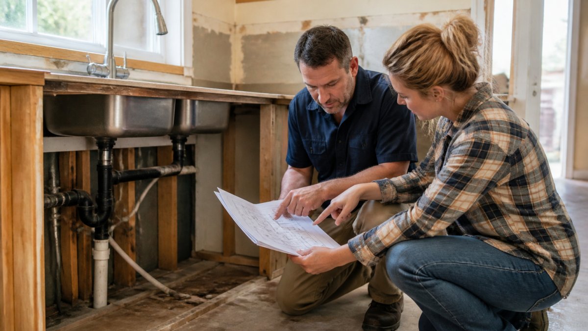 Homeowner and licensed plumber reviewing blueprints and pointing at exposed pipes under a kitchen sink in a partially demolished kitchen, daylight through window