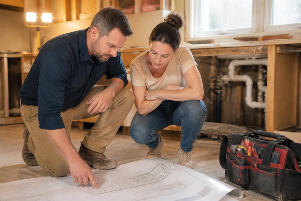 A professional plumber in a work shirt consulting blueprints with a homeowner in a kitchen under renovation, exposed pipes and removed cabinetry visible, bright work lights