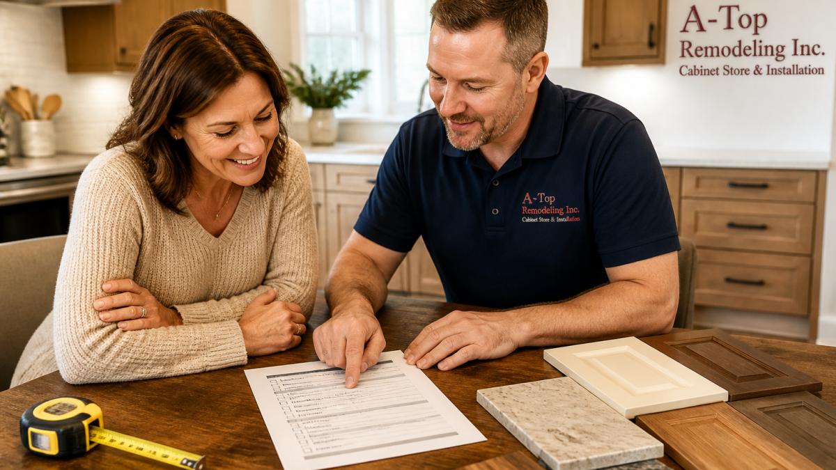 A homeowner and a remodeling contractor reviewing a printed project checklist together at a kitchen table, with cabinet samples and a measuring tape nearby in a bright home