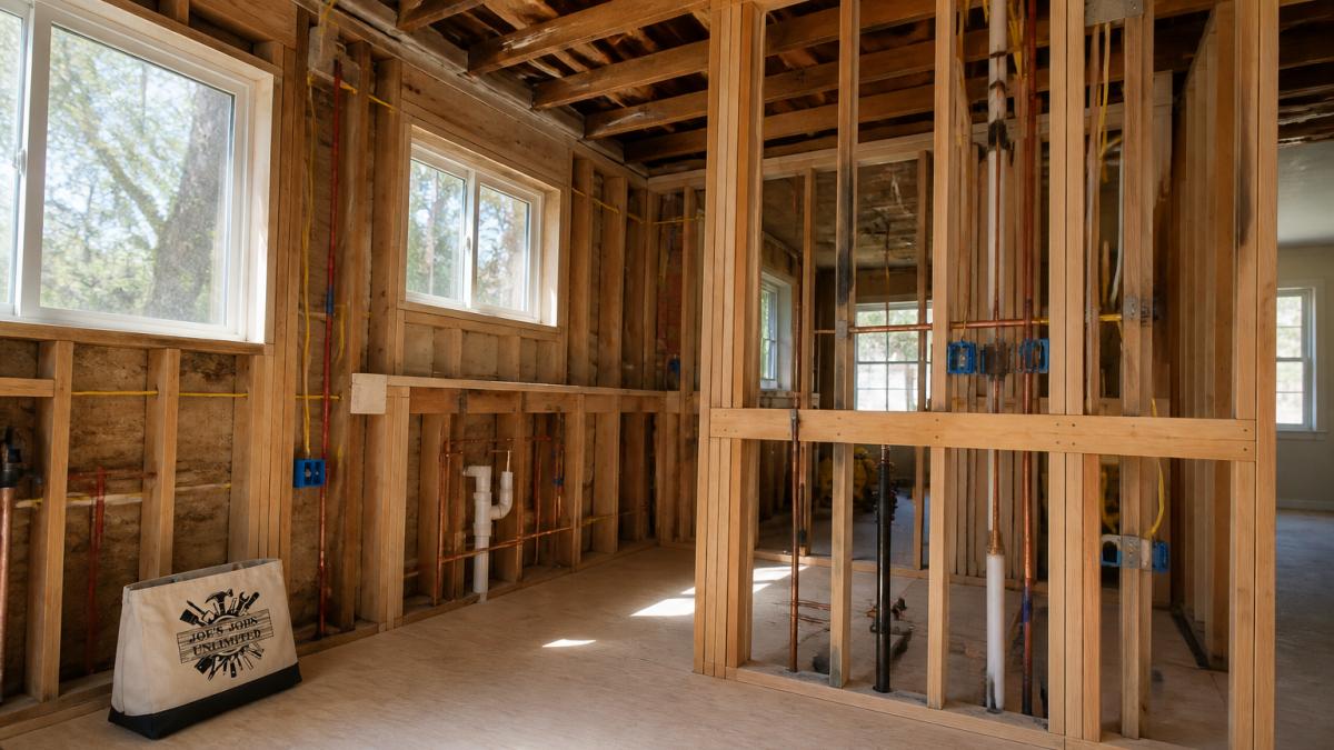Professional kitchen mid-renovation showing exposed wooden framing, visible electrical wiring running through walls, and plumbing rough-in work with copper pipes visible through open wall cavities, natural light streaming through windows