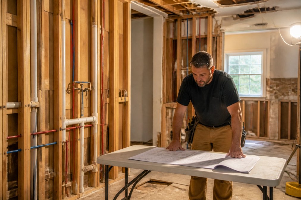 A kitchen mid-renovation with exposed wall framing, new plumbing rough-in lines visible along the studs, and a contractor in work clothes reviewing blueprints on a folding table under bright work lights