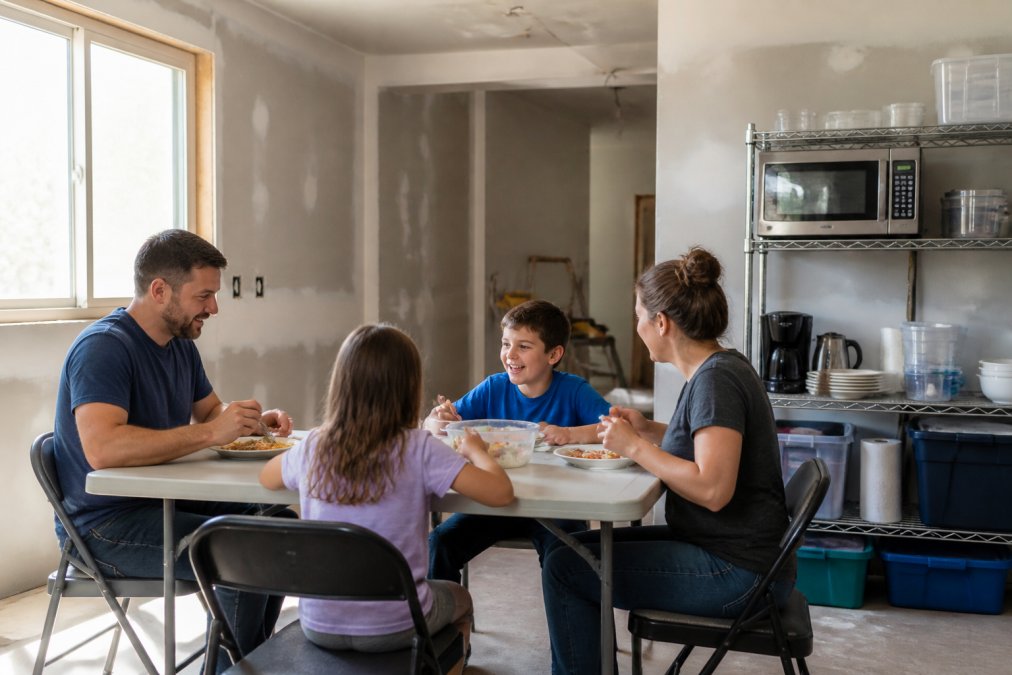 Family eating together at a makeshift dining table in a temporary kitchen setup during renovation, with organized shelving and a microwave visible, bright natural lighting from a window