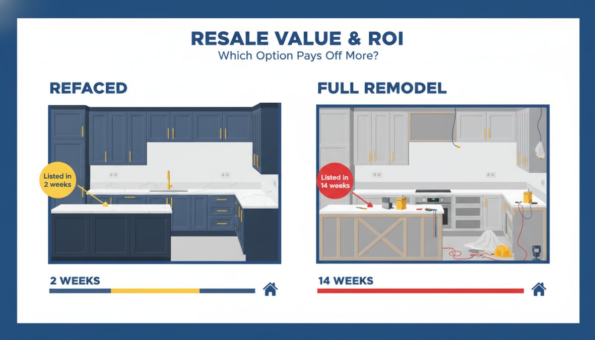 A side-by-side comparison of two identical kitchen floor plans, one labeled 'Refaced, Listed in 2 weeks' showing updated cabinet doors and hardware, the other labeled 'Full Remodel, Listed in 14 weeks' showing a gutted kitchen mid-construction, with a timeline bar beneath each illustrating the difference in listing readiness