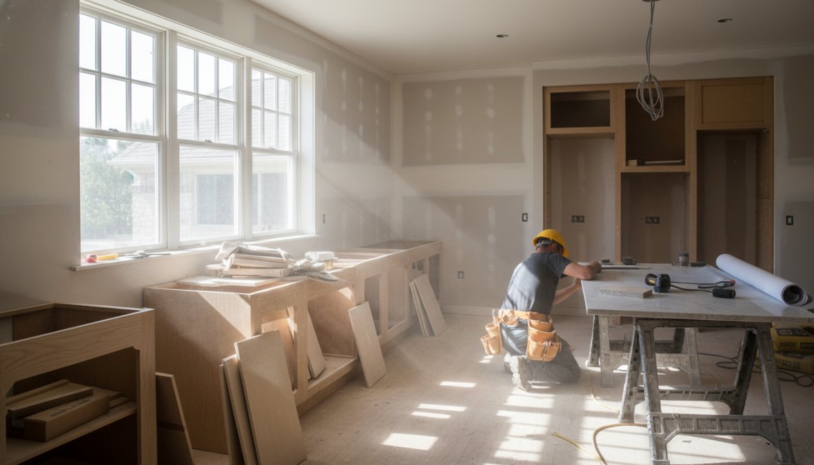 A bright, freshly remodeled kitchen featuring white custom cabinetry, a quartz island, and modern subway tile backsplash, with warm natural light streaming through a large window over the sink