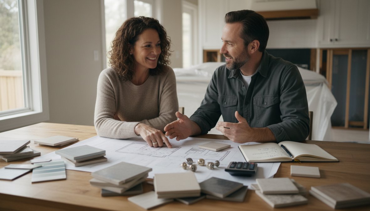 A homeowner and contractor sitting at a kitchen table reviewing renovation plans and material samples together, with paint swatches, tile samples, and cabinet door samples spread out under warm overhead lighting
