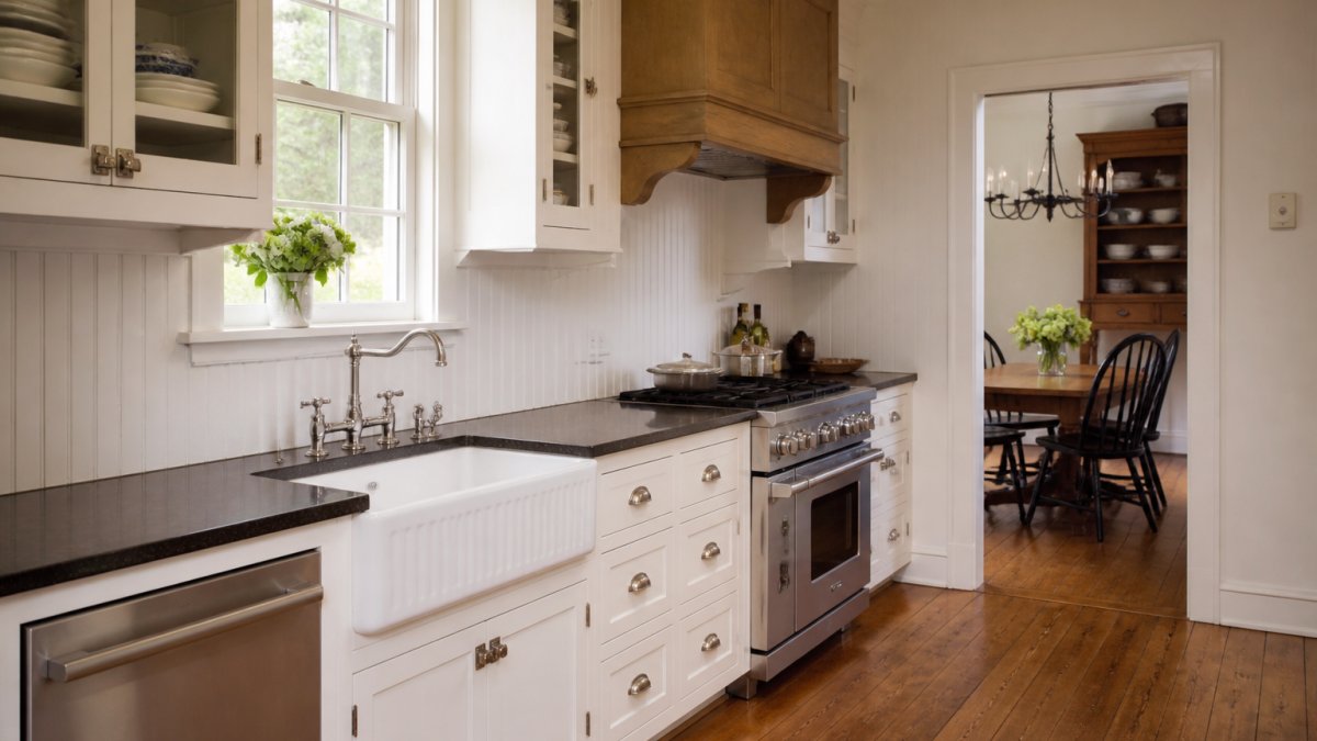 Infographic showing kitchen remodeling ideas for blending vintage farmhouse design with modern kitchen features.