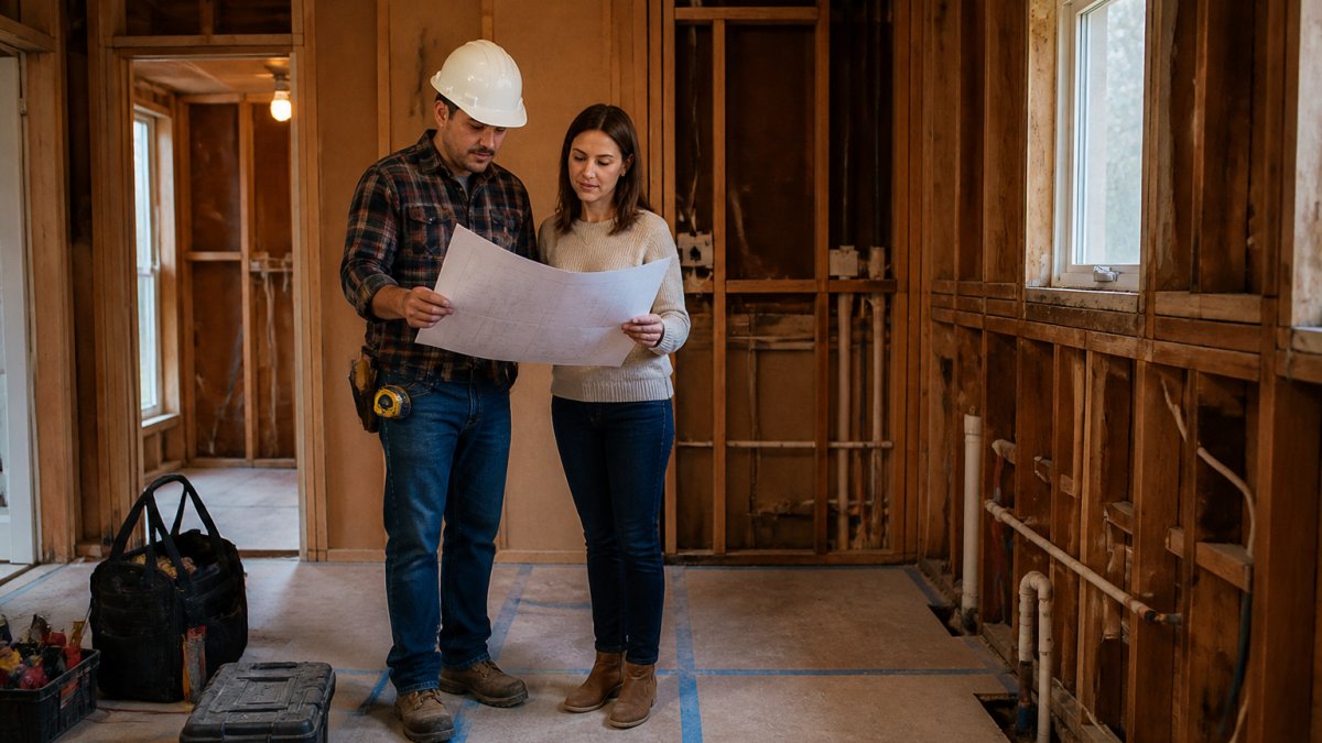 A contractor in a hard hat and work clothes reviewing plans with a homeowner in a kitchen stripped down to studs, tools and protective floor coverings visible