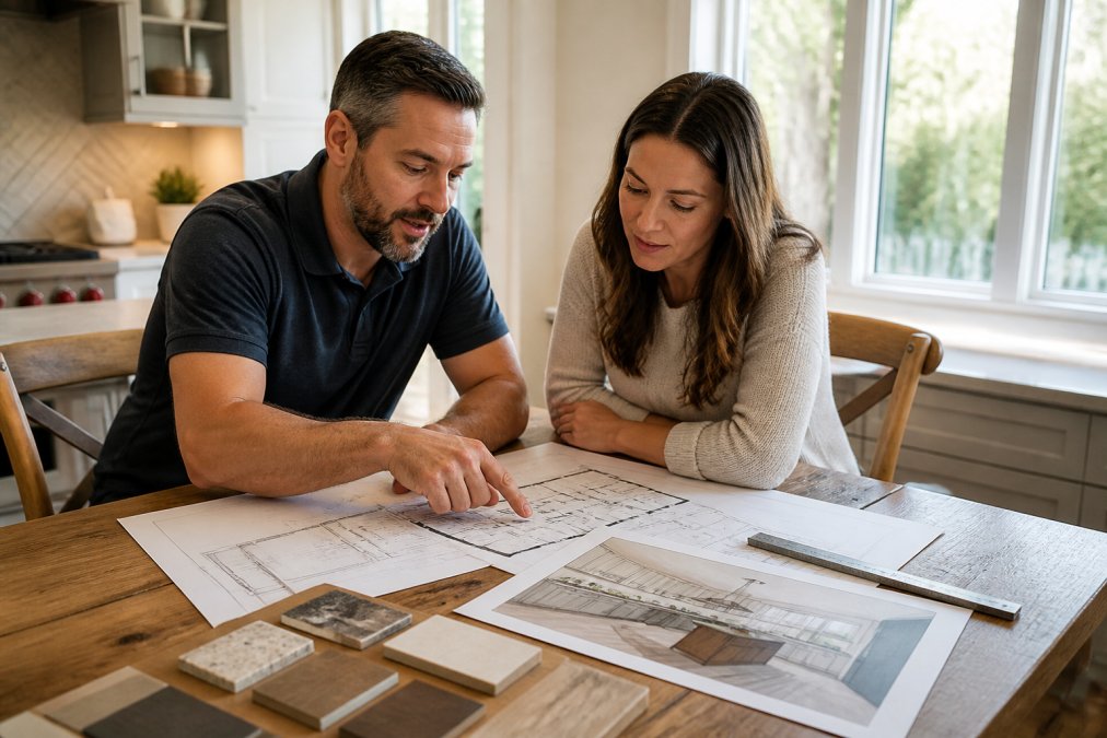 Professional contractor and homeowner reviewing kitchen renovation plans and design sketches together at a wooden table, with natural light streaming through windows