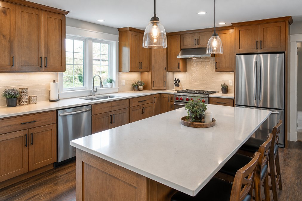 A bright, newly renovated mid-range kitchen in a Central New Jersey home, featuring custom wood cabinetry, quartz countertops, and modern stainless steel appliances, with natural light streaming through a window