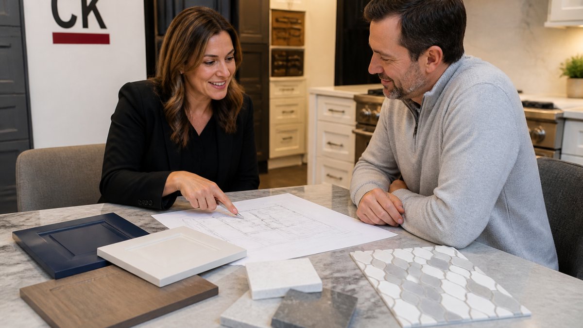 A kitchen designer and homeowner seated at a showroom table reviewing blueprints and cabinet door samples, with quartz countertop swatches and a backsplash tile board laid out under warm overhead lighting