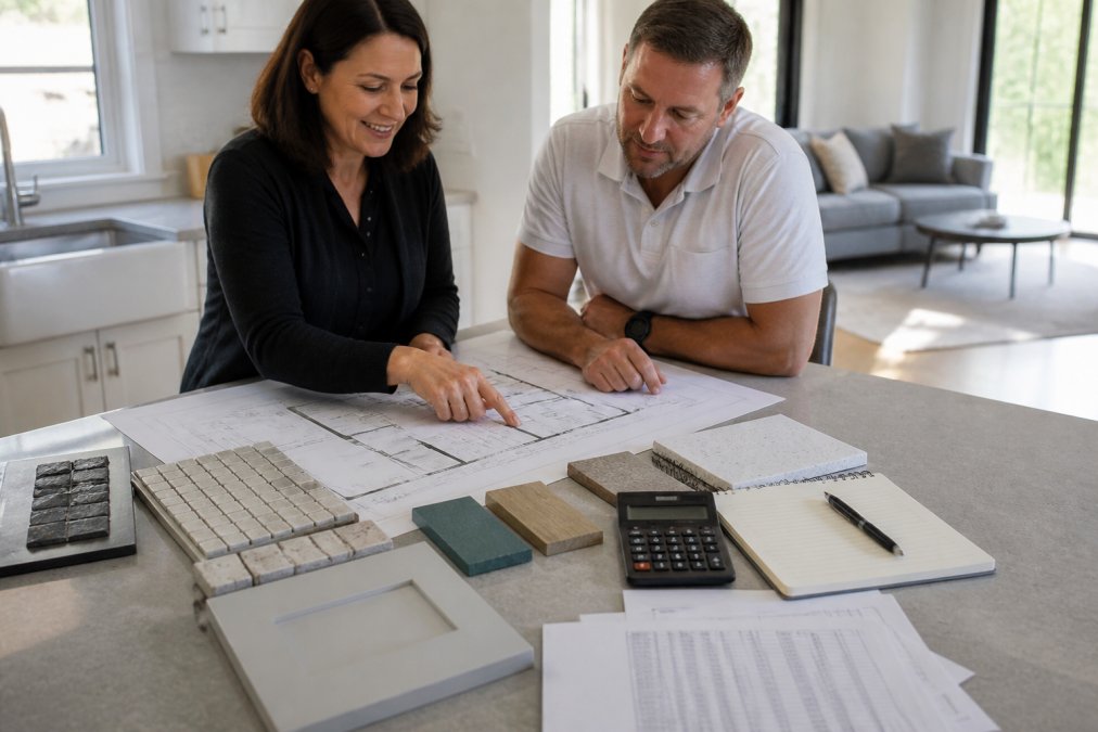 Homeowner and designer reviewing floor plans and material samples for a kitchen renovation design project