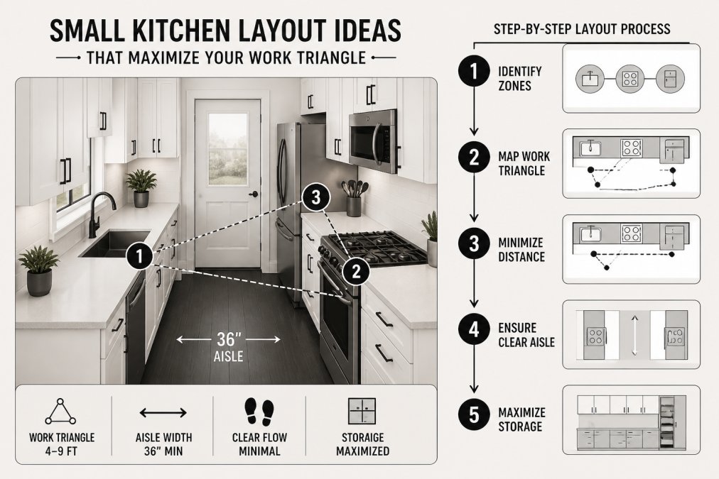 Bright modern small kitchen with galley layout showing efficient workflow between sink, stove, and refrigerator with minimal wasted circulation space and white cabinetry