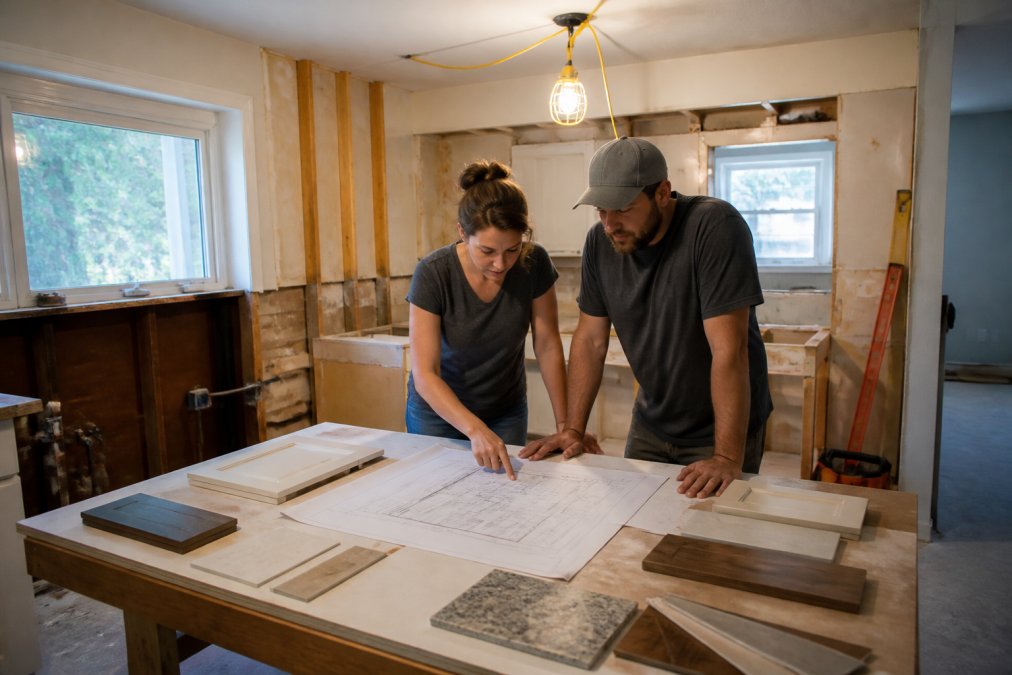 A contractor and homeowner reviewing blueprints spread across a temporary work surface in a partially demolished kitchen, surrounded by cabinet samples and material swatches, under bright temporary construction lighting