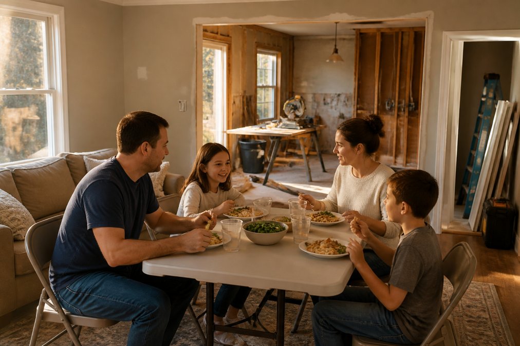 A family of four eating a casual dinner at a folding table set up in their living room, with a partially demolished kitchen visible through a doorway in the background, warm late-afternoon light coming through side windows