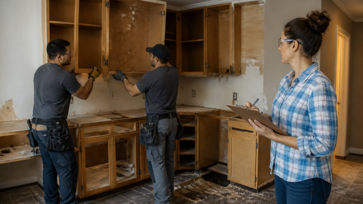 A remodeling crew in work clothes and safety glasses removing old cabinets from a kitchen, with a homeowner reviewing plans on a clipboard nearby
