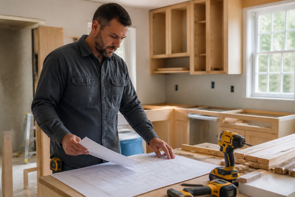 A contractor in a work shirt reviewing a printed renovation schedule and blueprint at a kitchen job site, with cordless tools and lumber in the background under natural window light
