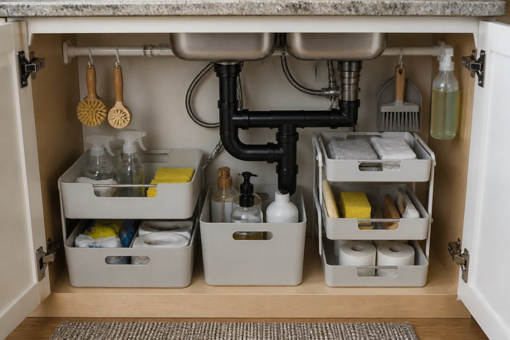 A neatly organized under-sink area in a rental apartment with modular stackable bins, tension rods, and adhesive hooks holding cleaning supplies, showing how to maximize tight plumbing spaces without drilling