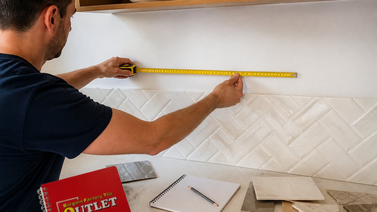 A person holding a retractable tape measure against a kitchen wall above a benchtop, with a notepad and pencil resting nearby, showing the measuring process for a splashback area