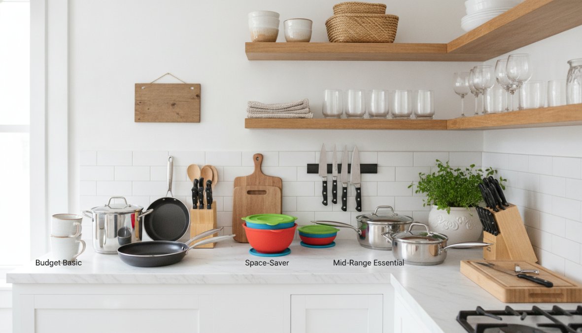 Professional illustration showing Overhead for kitchen starter kits for first apartment