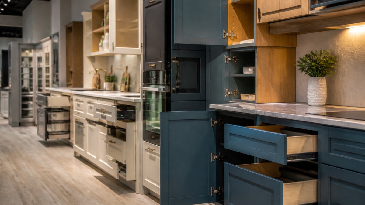 Professional kitchen showroom displaying fitted kitchen cabinetry in various finishes, with open cabinet doors showing soft-close hinges and premium hardware, natural lighting highlighting wood grain and painted surfaces