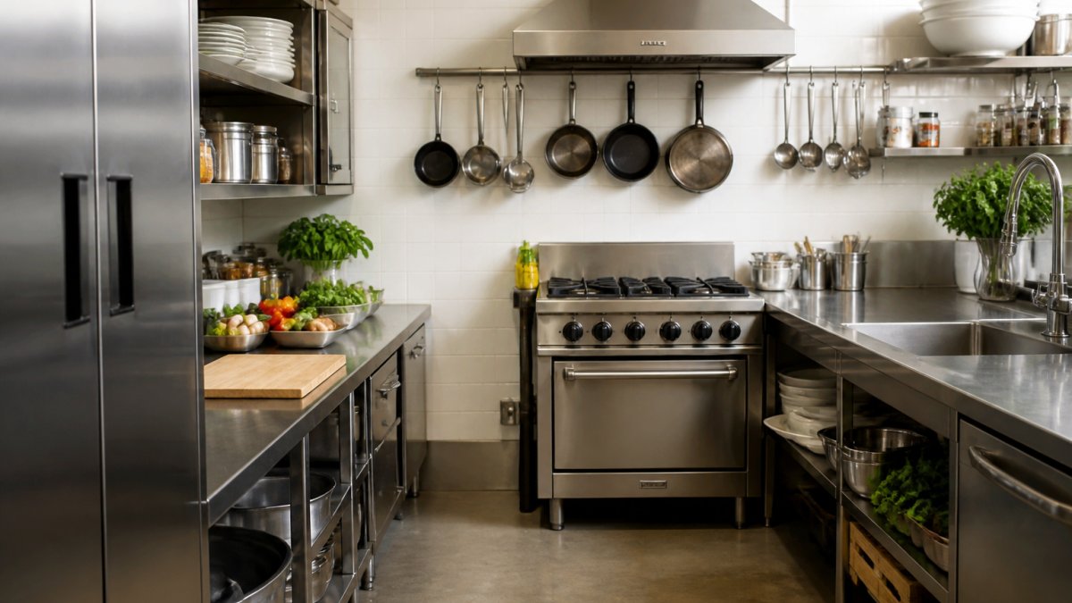 Professional kitchen with distinct prep zone near refrigerator showing organized counter space and cutting boards, cooking zone with stovetop and surrounding counter space, and cleaning zone at sink with organized storage visible