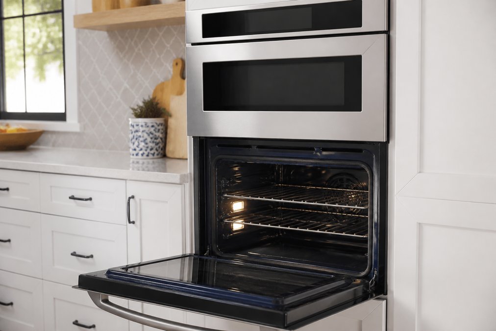 Modern kitchen with stainless steel KitchenAid wall-mounted combination oven and microwave unit installed seamlessly into cabinetry, showing the sleek touchscreen interface and open oven door revealing the interior