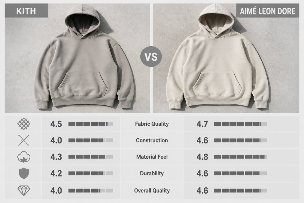 Flat-lay photograph of two premium streetwear hoodies side by side on a clean concrete surface, showing fabric texture, stitching detail, and tonal color differences in natural daylight
