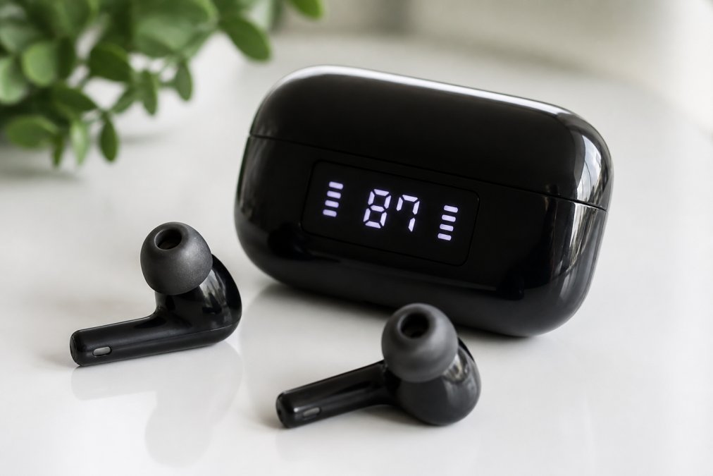 Nærbildet av QCY MeloBuds N70 ørepropper liggende på en hvit overflate, viser både in-ear design og det trådløse ladeetui med LED-display